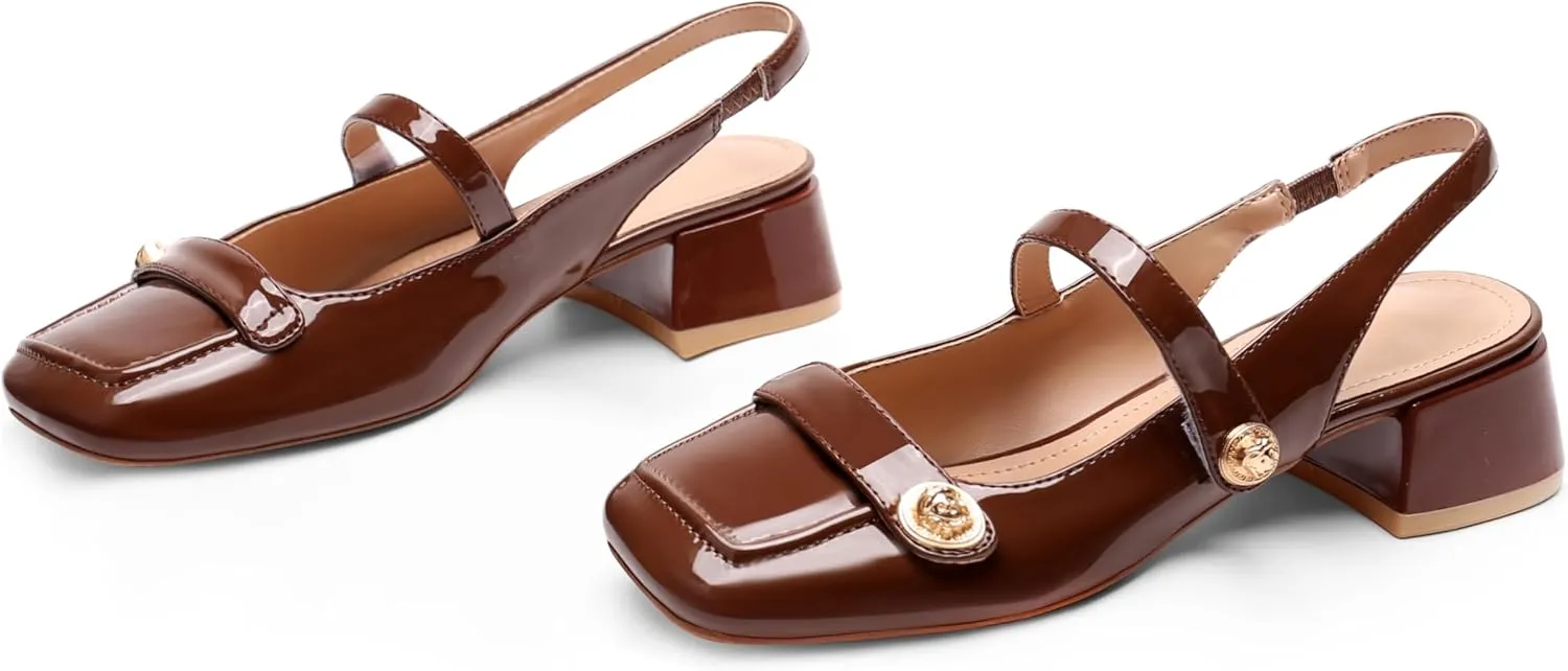 Slingback Mary Jane Heels for Women Low Block Heel Closed Square Toe Pump Shoes Heels Classic Daily Office Dressy Shoes
