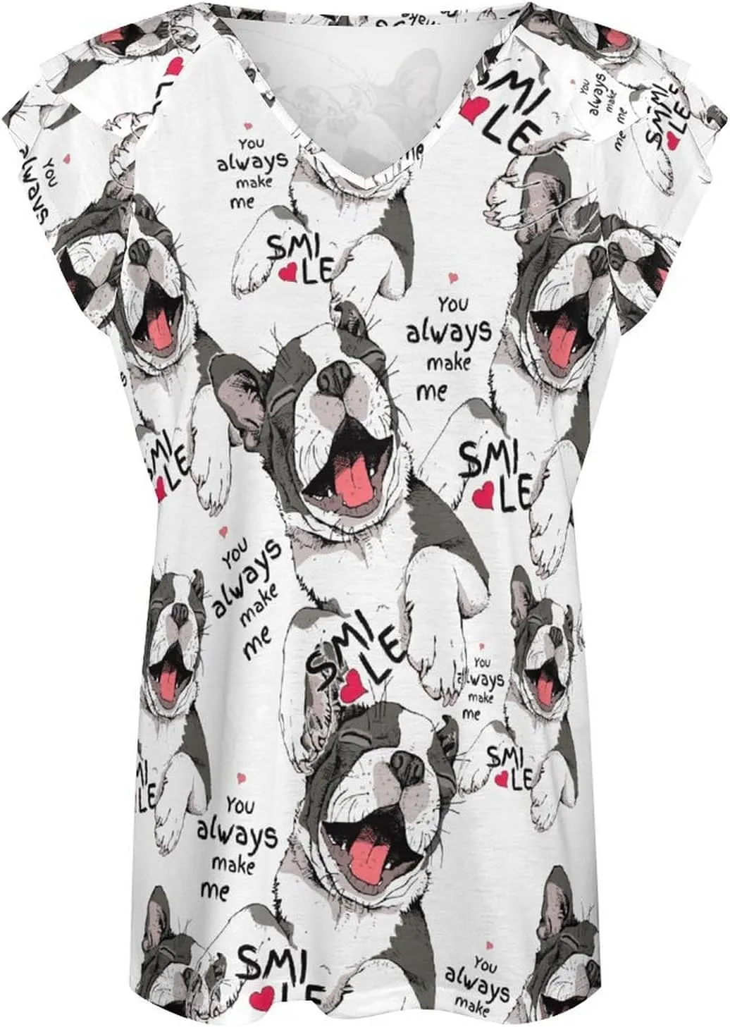 Smiling Cute Boston Terrier Dog Women's Summer Shirt Ruffle Short Sleeve Tops Casual Blouses V Neck T Shirts Tunic