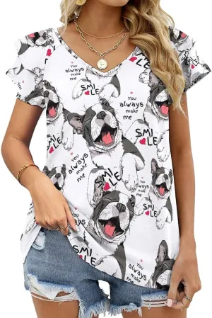 Smiling Cute Boston Terrier Dog Women's Summer Shirt Ruffle Short Sleeve Tops Casual Blouses V Neck T Shirts Tunic