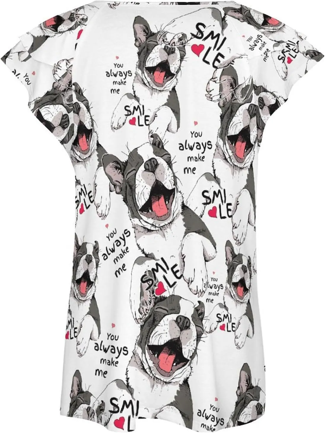 Smiling Cute Boston Terrier Dog Women's Summer Shirt Ruffle Short Sleeve Tops Casual Blouses V Neck T Shirts Tunic
