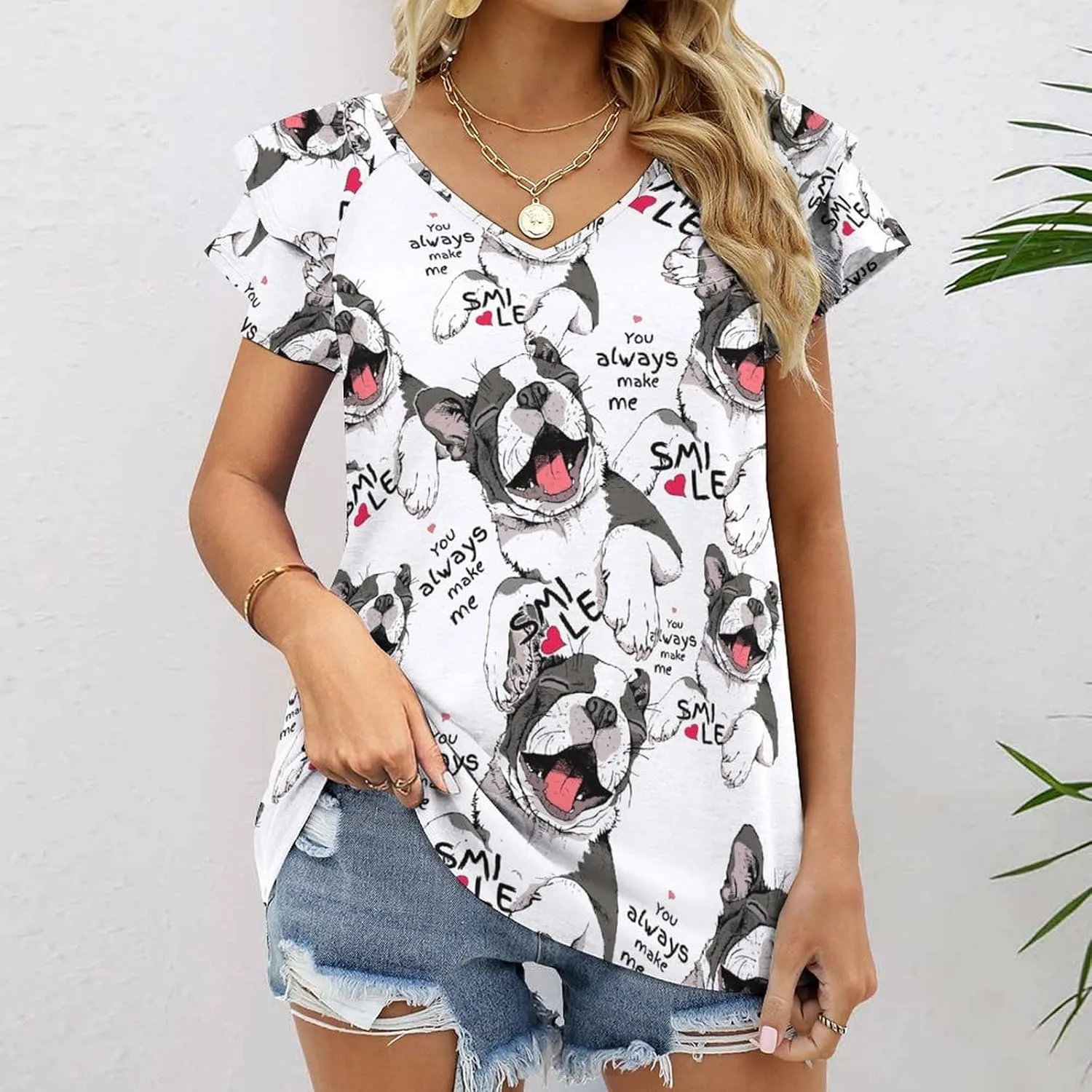 Smiling Cute Boston Terrier Dog Women's Summer Shirt Ruffle Short Sleeve Tops Casual Blouses V Neck T Shirts Tunic