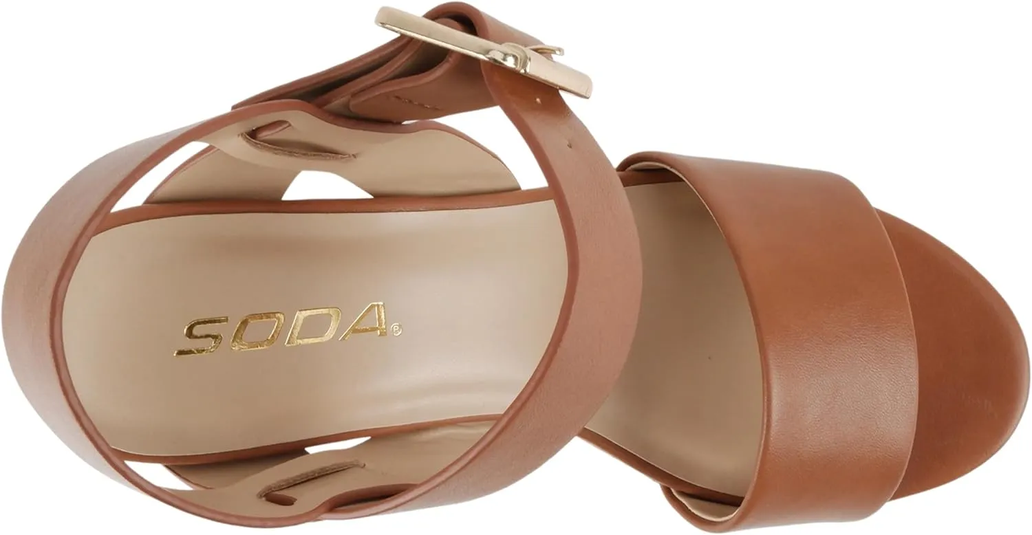 Soda “Annual” ~ Women Open Round Toe Single Band High Heel Notch Wedge Sandals with Adjustable Ankle Strap