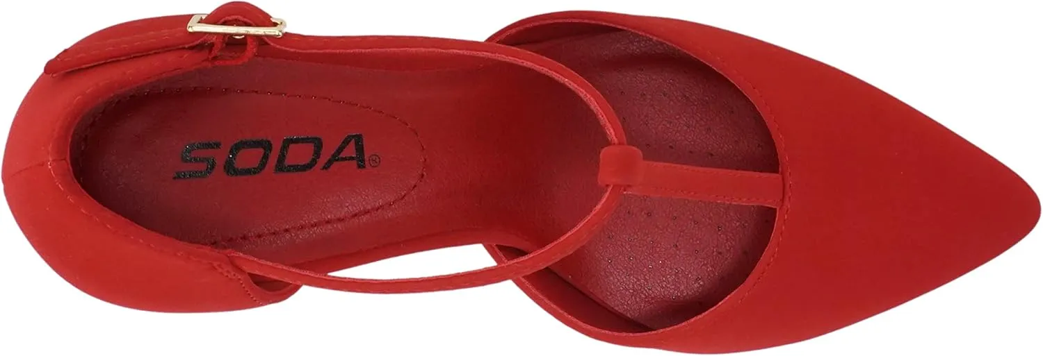 Soda Bahia ~ Women Pointed Toe Closed Back Counter Stiletto Mid Heel T-Strap Pump Shoe