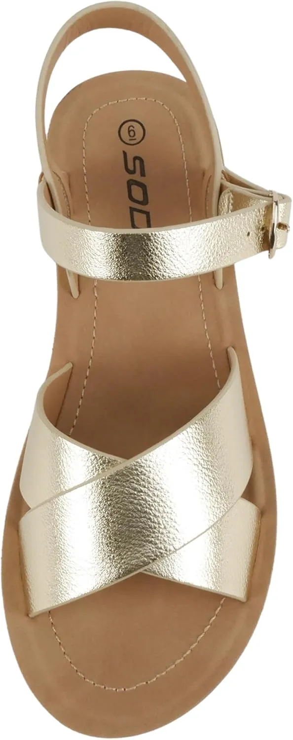 Soda CHESTER ~ Women Flat Sandals Flatform Ankle Buckle Criss Cross Band Straps Sandals Shoes