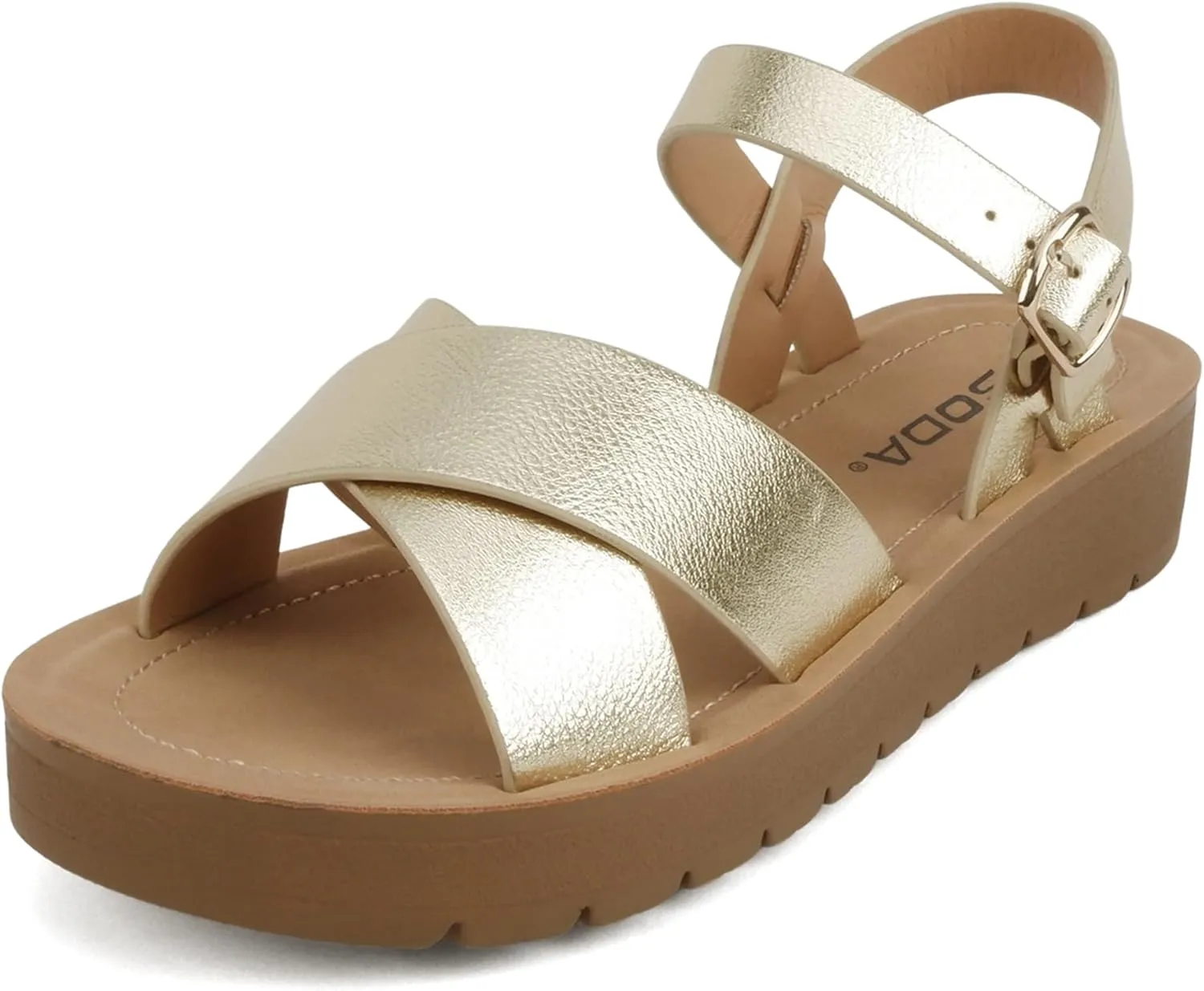Soda CHESTER ~ Women Flat Sandals Flatform Ankle Buckle Criss Cross Band Straps Sandals Shoes