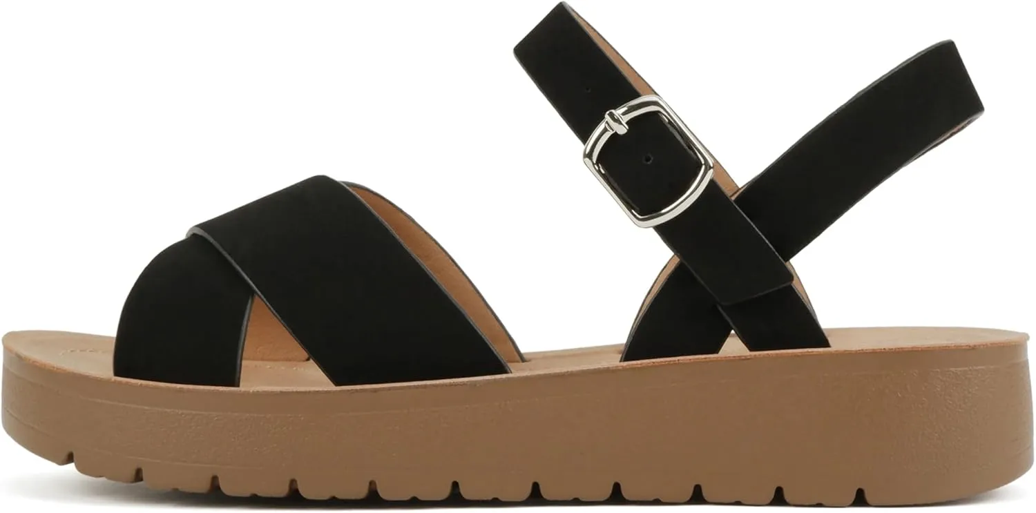 Soda CHESTER ~ Women Flat Sandals Flatform Ankle Buckle Criss Cross Band Straps Sandals Shoes
