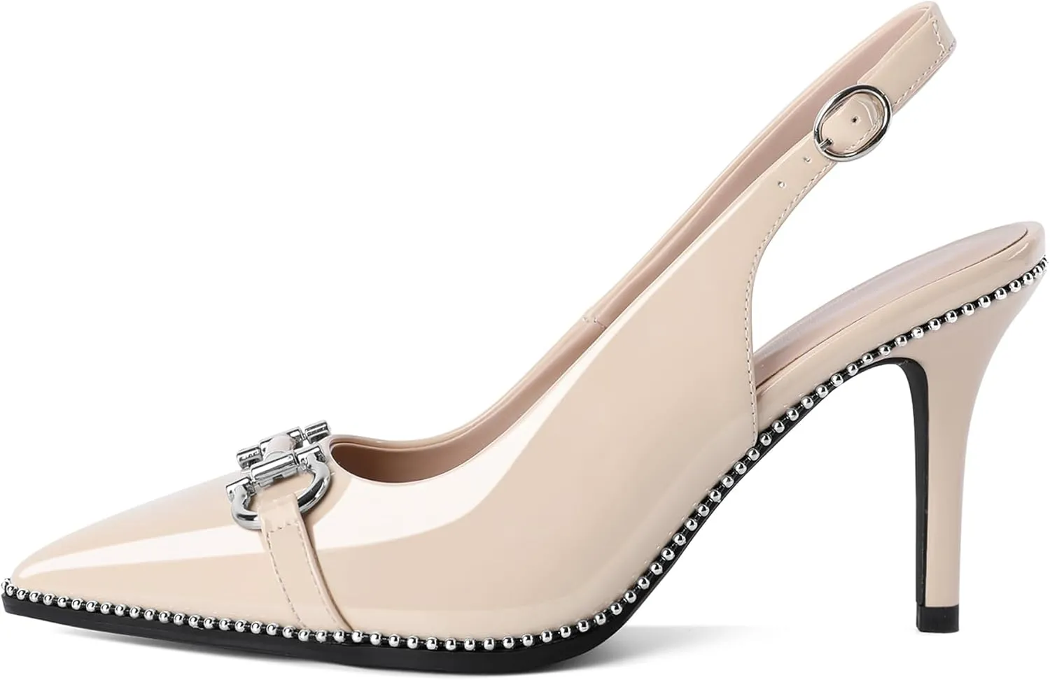 Soireelady Women Beaded Pumps High Heel Slingback Pointed Toe Slip On Stilettos Ankle Strap Adjustable Buckle 3.5 Inch Dress Shoes Patent Leather