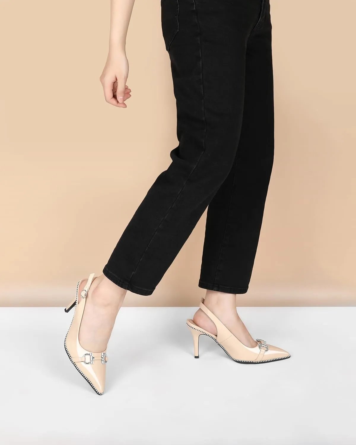 Soireelady Women Beaded Pumps High Heel Slingback Pointed Toe Slip On Stilettos Ankle Strap Adjustable Buckle 3.5 Inch Dress Shoes Patent Leather