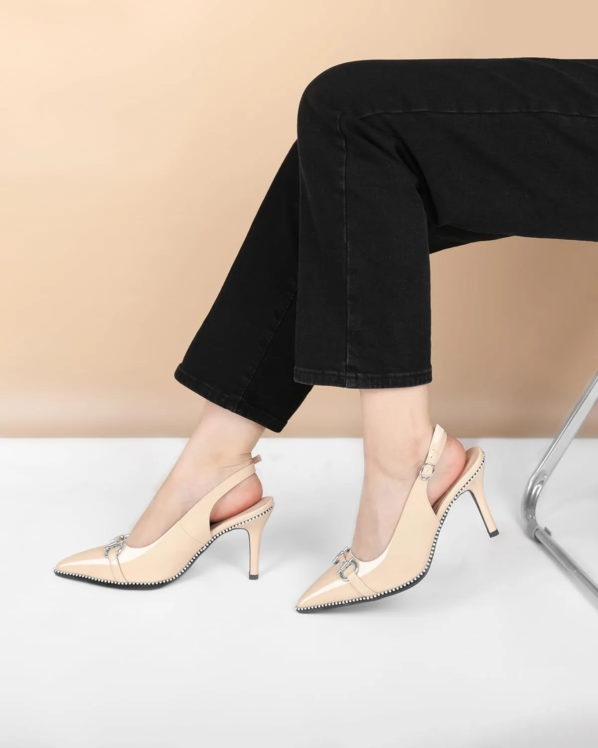 Soireelady Women Beaded Pumps High Heel Slingback Pointed Toe Slip On Stilettos Ankle Strap Adjustable Buckle 3.5 Inch Dress Shoes Patent Leather