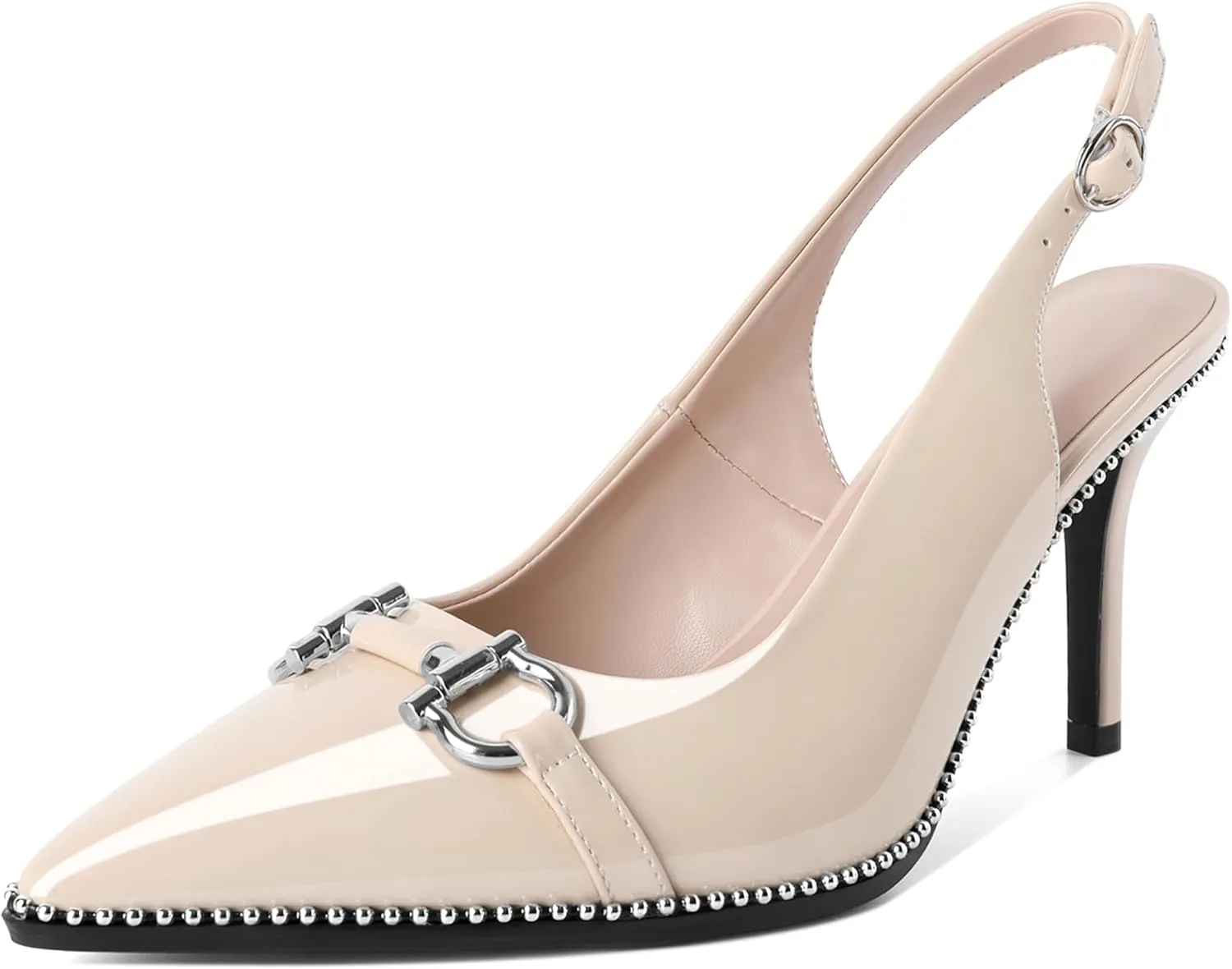Soireelady Women Beaded Pumps High Heel Slingback Pointed Toe Slip On Stilettos Ankle Strap Adjustable Buckle 3.5 Inch Dress Shoes Patent Leather