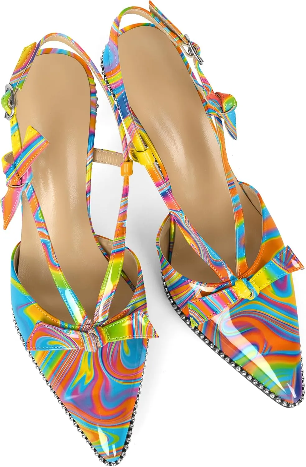 Soireelady Women Slingback Heels Bow High Heel Stilettos Beaded Pumps Pointed Toe Ankle Strap Dress Pumps Shoes 3.5 Inches