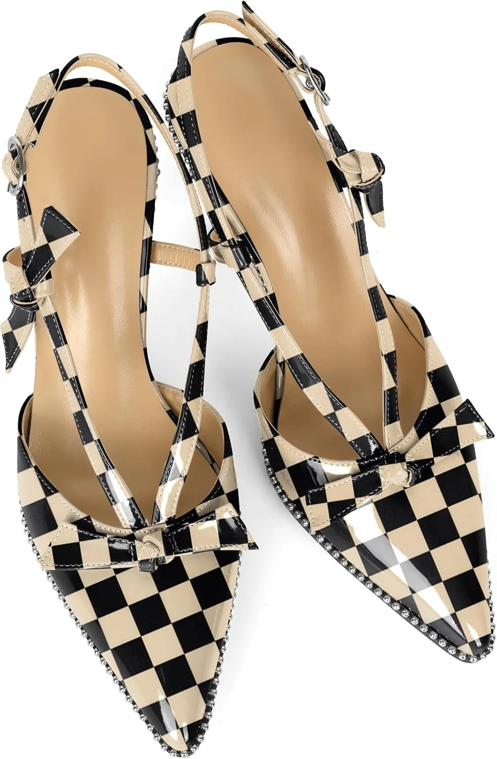 Soireelady Women Slingback Heels Bow High Heel Stilettos Beaded Pumps Pointed Toe Ankle Strap Dress Pumps Shoes 3.5 Inches