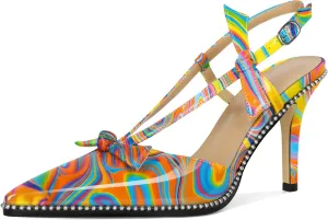 Soireelady Women Slingback Heels Bow High Heel Stilettos Beaded Pumps Pointed Toe Ankle Strap Dress Pumps Shoes 3.5 Inches