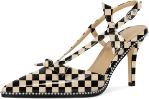 Soireelady Women Slingback Heels Bow High Heel Stilettos Beaded Pumps Pointed Toe Ankle Strap Dress Pumps Shoes 3.5 Inches