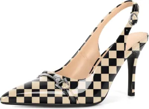 Soireelady Women's Slingback Heels Pointed Toe Stilettos High Heel Pumps Silver Buckle Strap Fashion Shoes 3.5 Inches