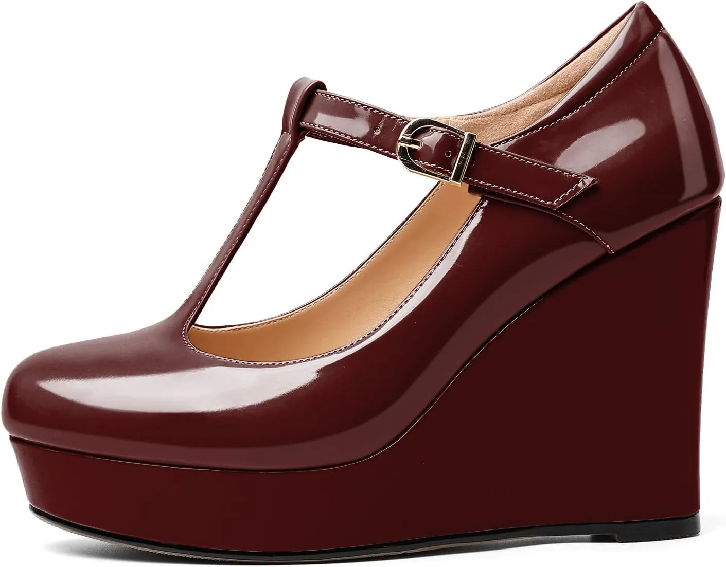 Soireelady Women's Wedges Heel Pumps Closed Round Toe Platform Heels T-Strap Buckle Wedges Platform High Heel Pump Shoes Dress Wedding Party Pumps 4Inch