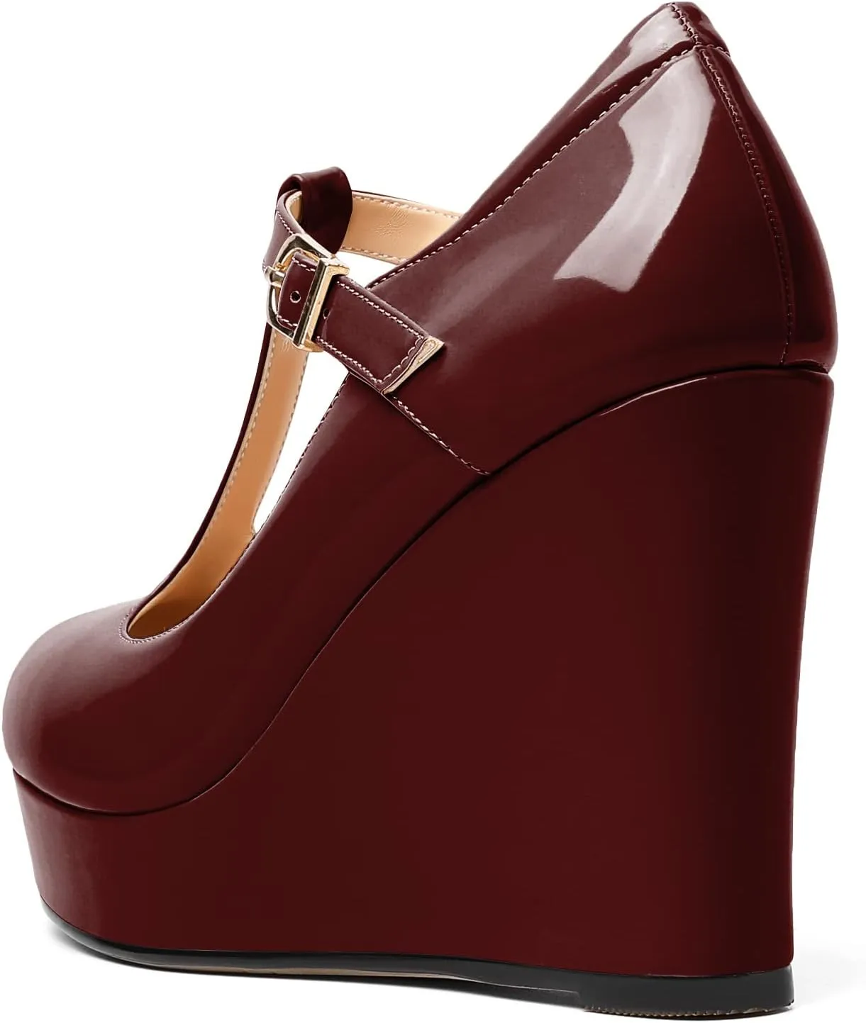 Soireelady Women's Wedges Heel Pumps Closed Round Toe Platform Heels T-Strap Buckle Wedges Platform High Heel Pump Shoes Dress Wedding Party Pumps 4Inch