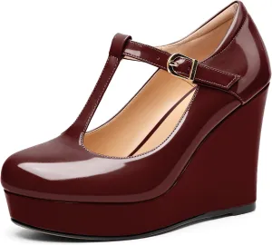 Soireelady Women's Wedges Heel Pumps Closed Round Toe Platform Heels T-Strap Buckle Wedges Platform High Heel Pump Shoes Dress Wedding Party Pumps 4Inch