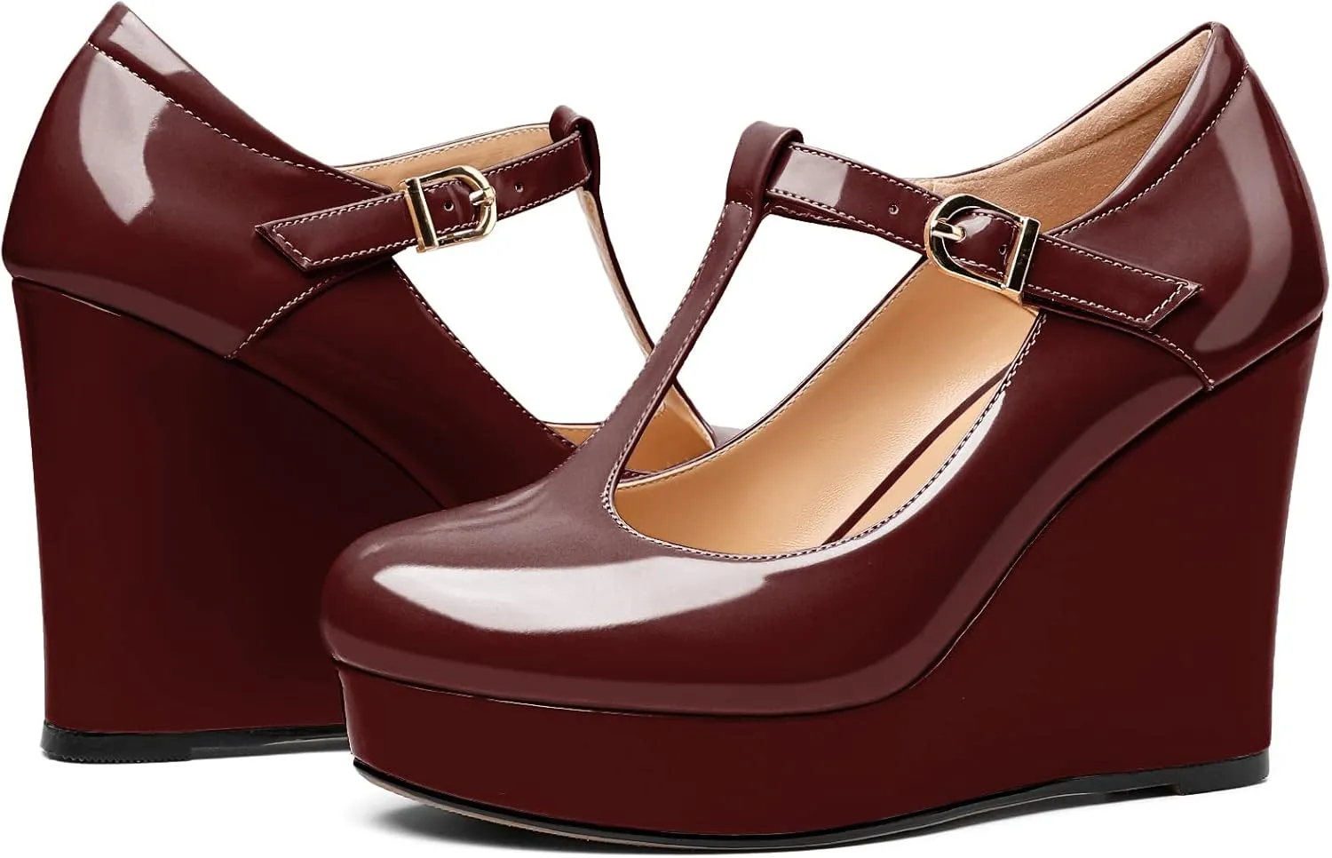Soireelady Women's Wedges Heel Pumps Closed Round Toe Platform Heels T-Strap Buckle Wedges Platform High Heel Pump Shoes Dress Wedding Party Pumps 4Inch