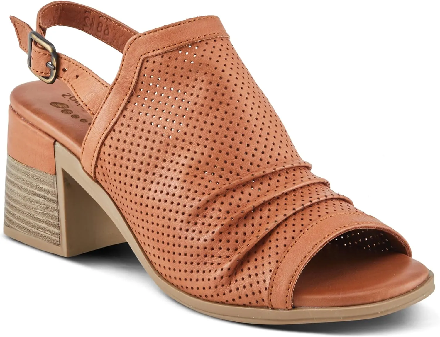 Spring Step NOCTIUM Women's Stacked Heel Sandals with Perforated Leather Upper and Peep-Toe Detail