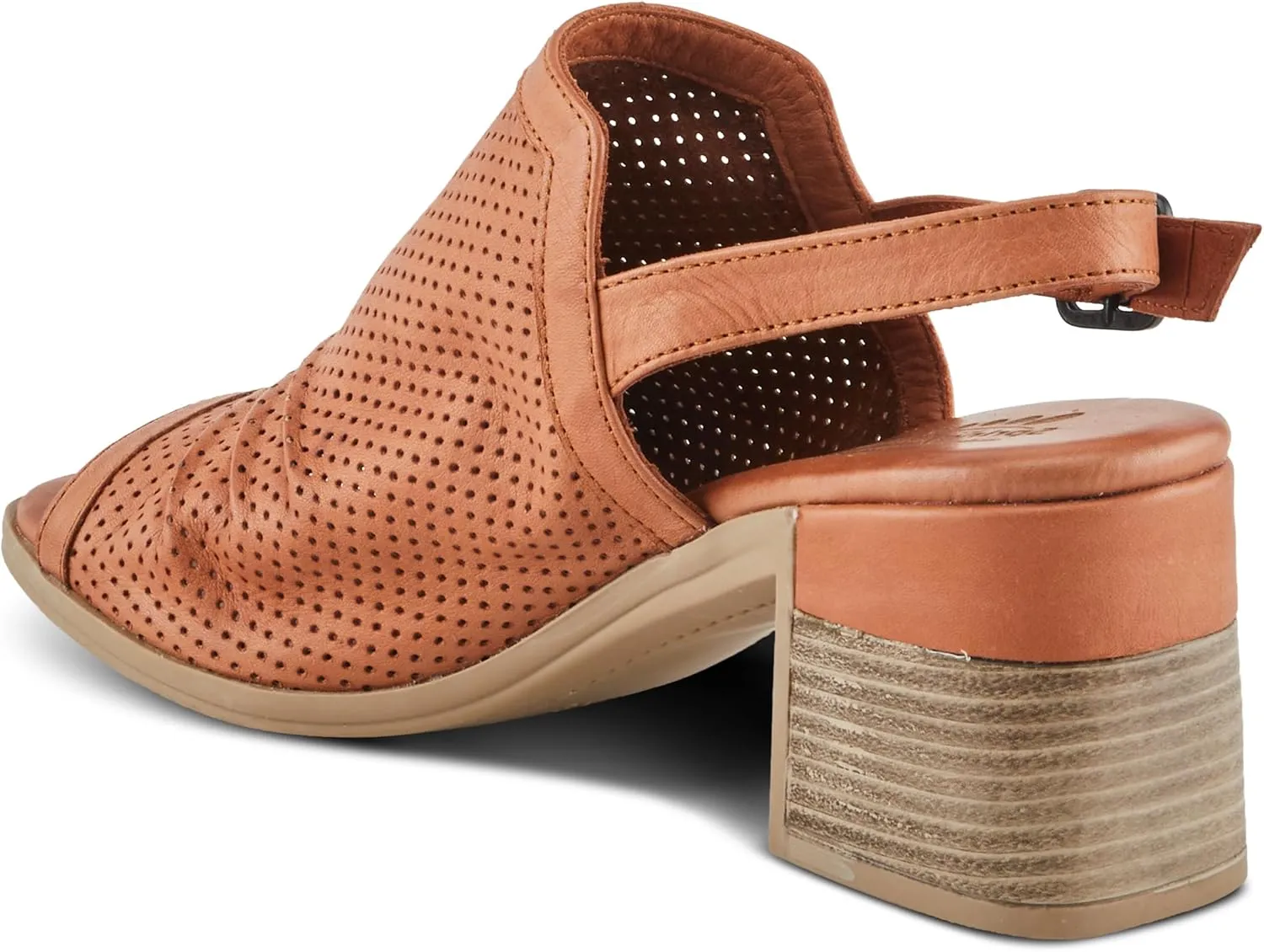 Spring Step NOCTIUM Women's Stacked Heel Sandals with Perforated Leather Upper and Peep-Toe Detail