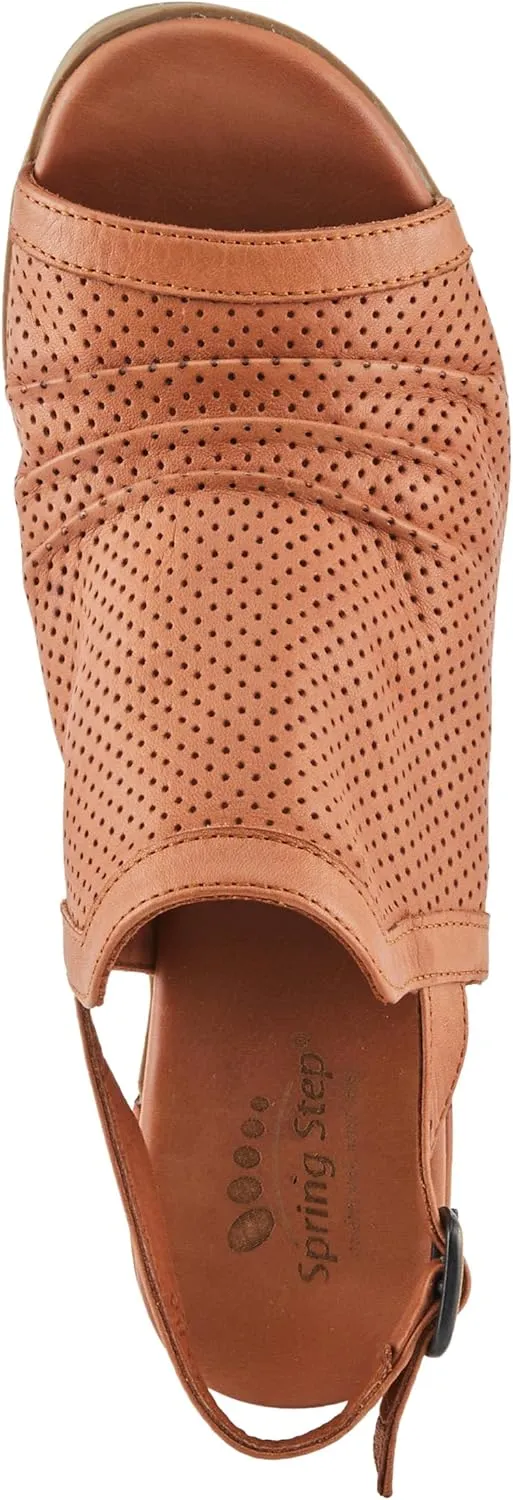 Spring Step NOCTIUM Women's Stacked Heel Sandals with Perforated Leather Upper and Peep-Toe Detail