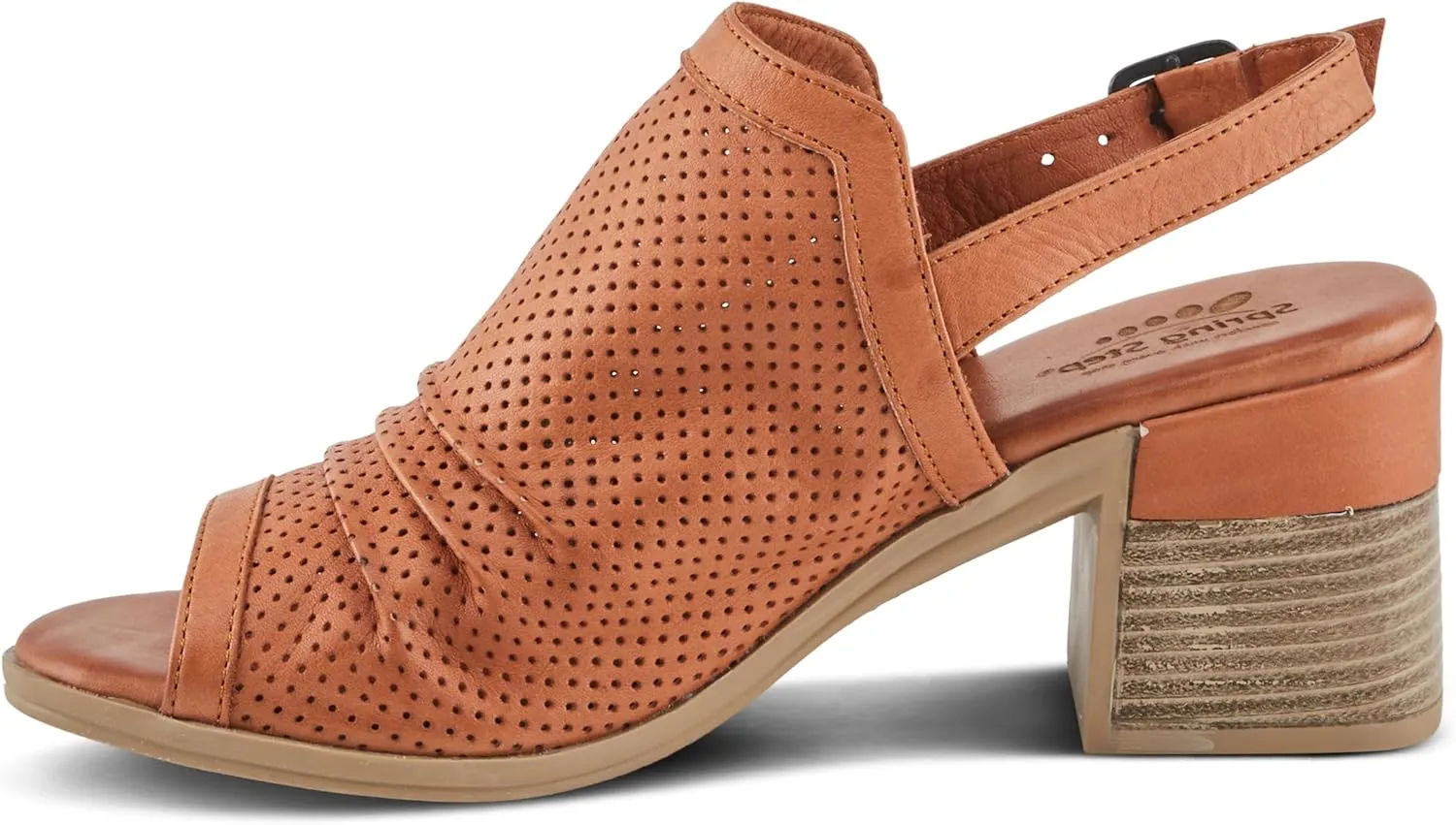 Spring Step NOCTIUM Women's Stacked Heel Sandals with Perforated Leather Upper and Peep-Toe Detail