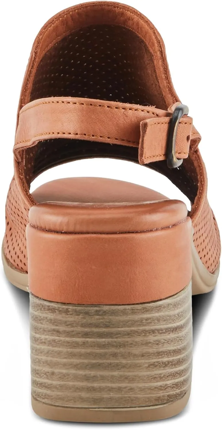 Spring Step NOCTIUM Women's Stacked Heel Sandals with Perforated Leather Upper and Peep-Toe Detail
