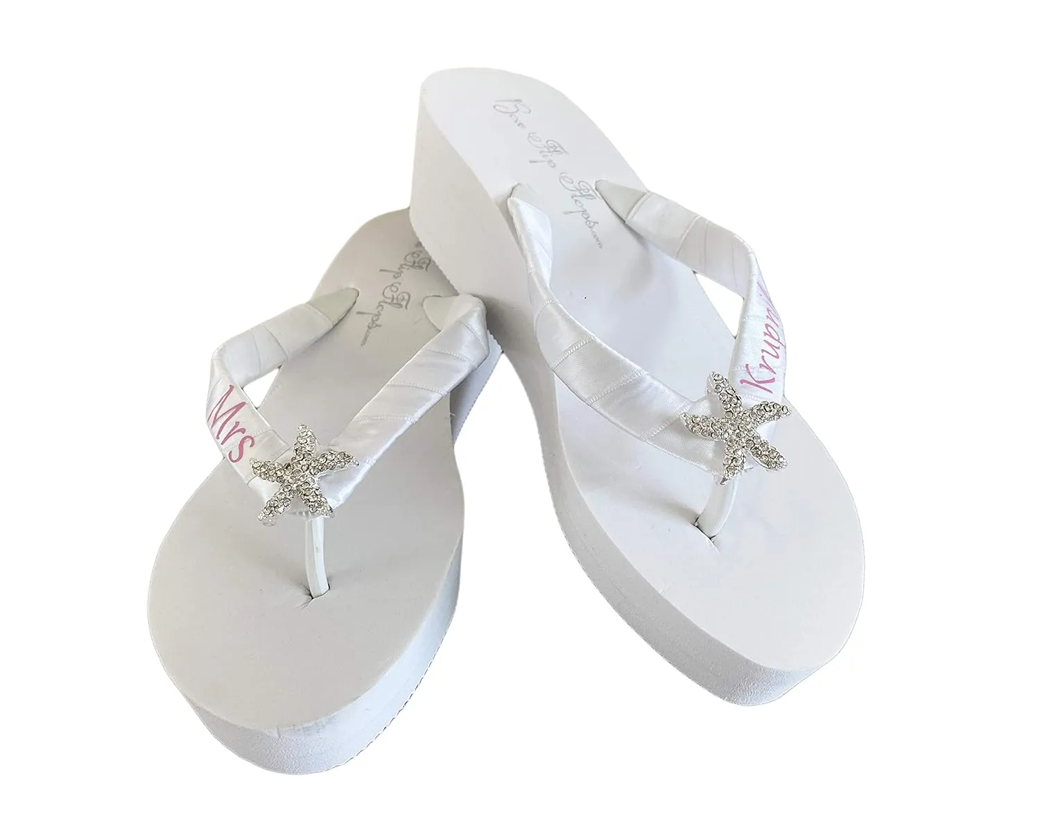 Starfish Bridal Flip Flops, Mrs Last Name Wedding Sandals in Pink & White or Ivory