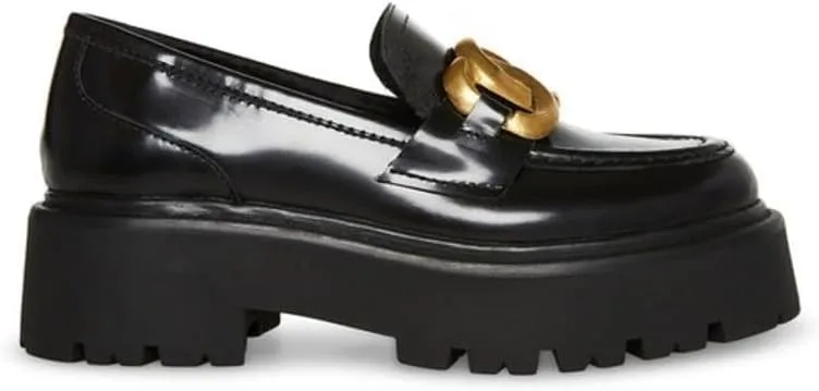 Steve Madden Rover Black Leather Slip On Chunky Platform Chain Detailed Loafers