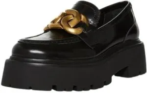 Steve Madden Rover Black Leather Slip On Chunky Platform Chain Detailed Loafers