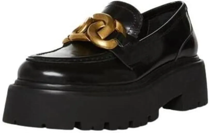 Steve Madden Rover Black Leather Slip On Chunky Platform Chain Detailed Loafers