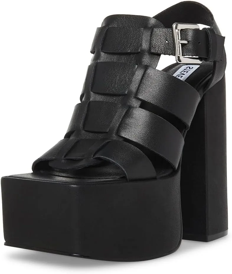 Steve Madden Tranquil White Leather Open Square Toe Buckle Detail Heeled Sandals