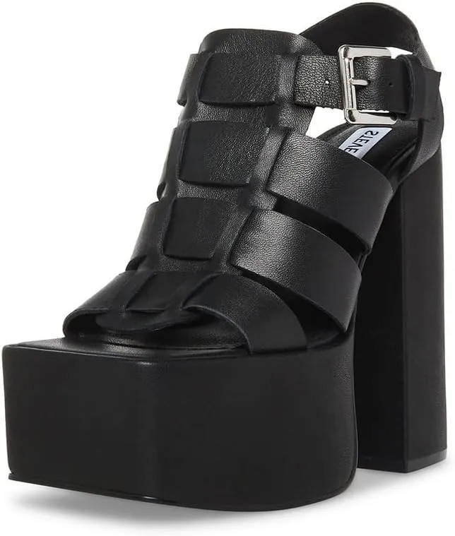 Steve Madden Tranquil White Leather Open Square Toe Buckle Detail Heeled Sandals