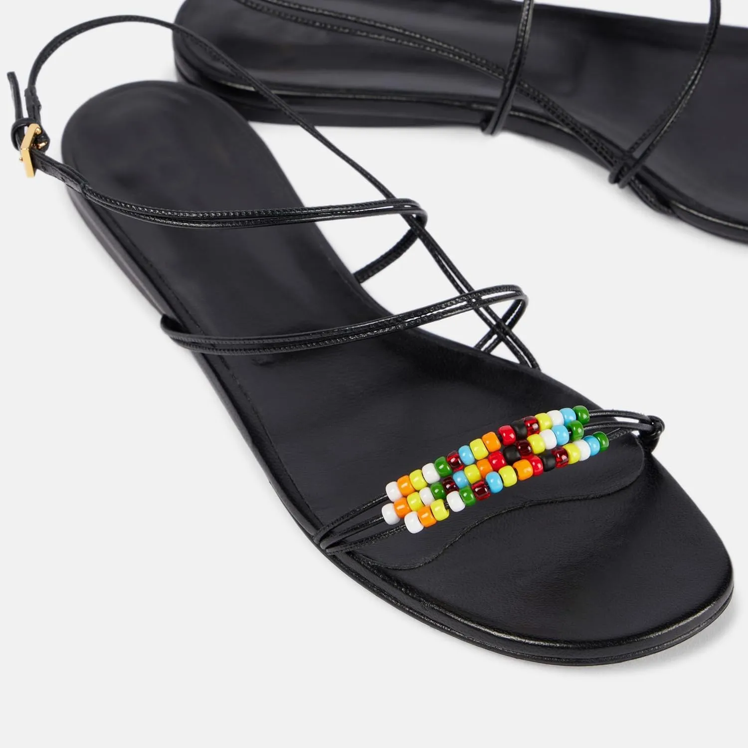 Strappy Flat Sandals for Women Round Open Toe Beaded Ankle Buckle Strap Flats Casual Summer Beach Dress Shoes