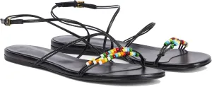 Strappy Flat Sandals for Women Round Open Toe Beaded Ankle Buckle Strap Flats Casual Summer Beach Dress Shoes