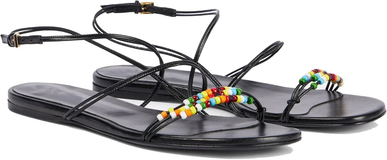Strappy Flat Sandals for Women Round Open Toe Beaded Ankle Buckle Strap Flats Casual Summer Beach Dress Shoes