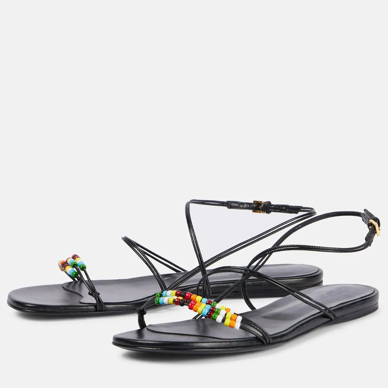 Strappy Flat Sandals for Women Round Open Toe Beaded Ankle Buckle Strap Flats Casual Summer Beach Dress Shoes