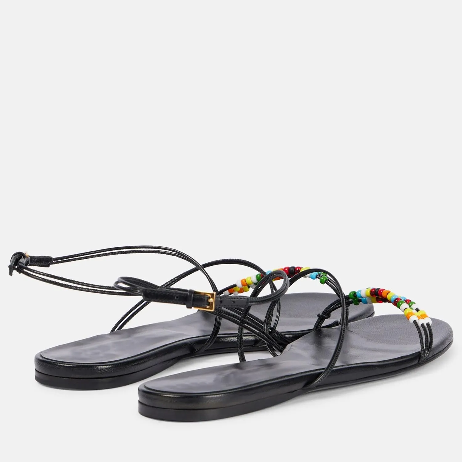 Strappy Flat Sandals for Women Round Open Toe Beaded Ankle Buckle Strap Flats Casual Summer Beach Dress Shoes