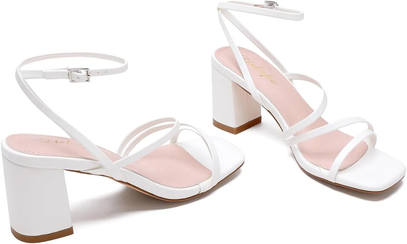 Strappy Heels for Women Square Toe Low Chunky Block Heels Dress Shoes Open Toe Heeled Sandals