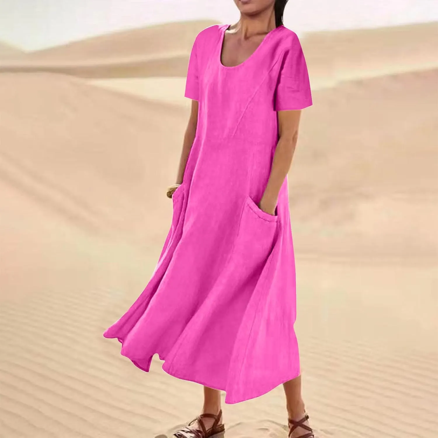 Summer Dresses for Women 2025 Vacation Trendy Short Sleeve Crew Neck Sundress Loose Flowy Beach Linen Maxi Dress
