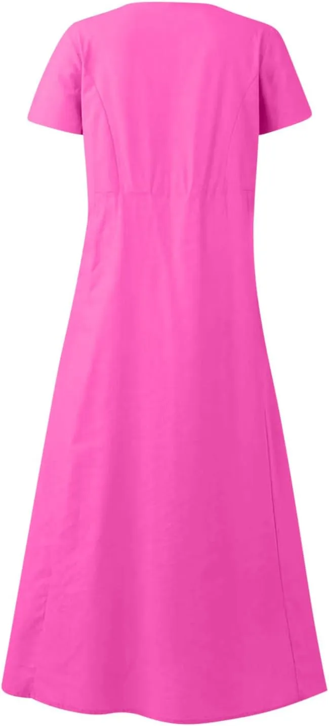 Summer Dresses for Women 2025 Vacation Trendy Short Sleeve Crew Neck Sundress Loose Flowy Beach Linen Maxi Dress