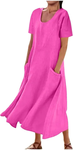 Summer Dresses for Women 2025 Vacation Trendy Short Sleeve Crew Neck Sundress Loose Flowy Beach Linen Maxi Dress
