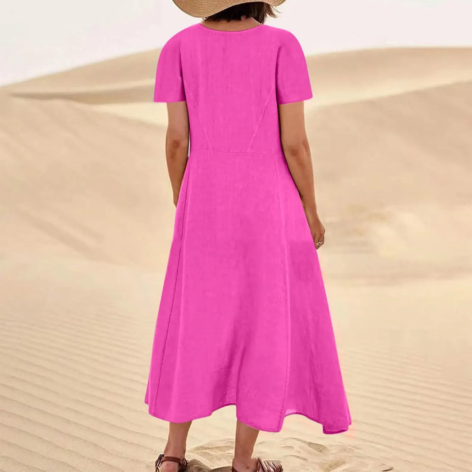 Summer Dresses for Women 2025 Vacation Trendy Short Sleeve Crew Neck Sundress Loose Flowy Beach Linen Maxi Dress