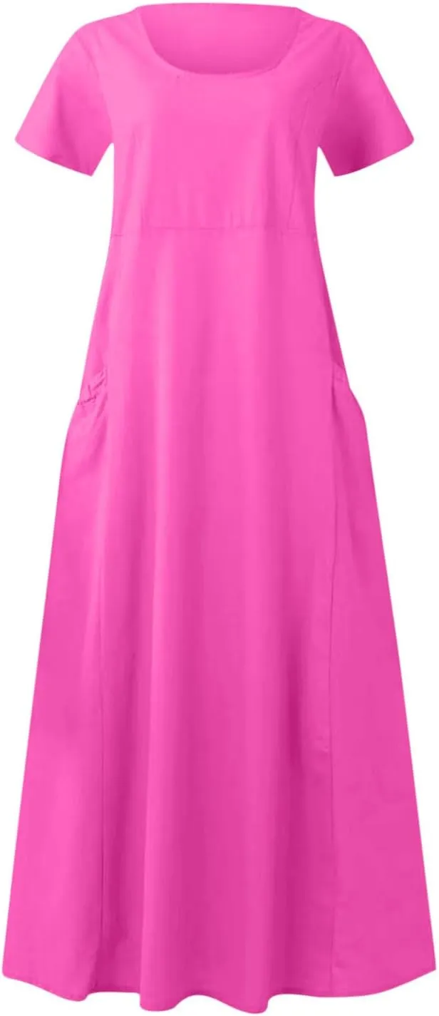 Summer Dresses for Women 2025 Vacation Trendy Short Sleeve Crew Neck Sundress Loose Flowy Beach Linen Maxi Dress