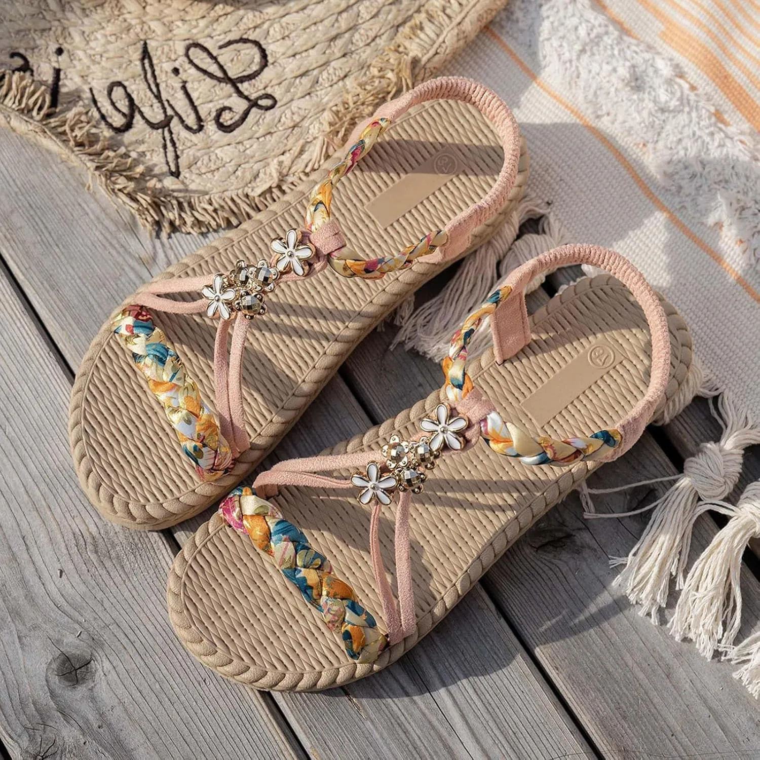 Summer Sandals for Women 2025 Trendy Womens Low Wedge Heels Sandal Platform Dressy Comfort Walking Non Slip Casual Beach Shoes Ankle Elastic Bohemian Woven Shoe