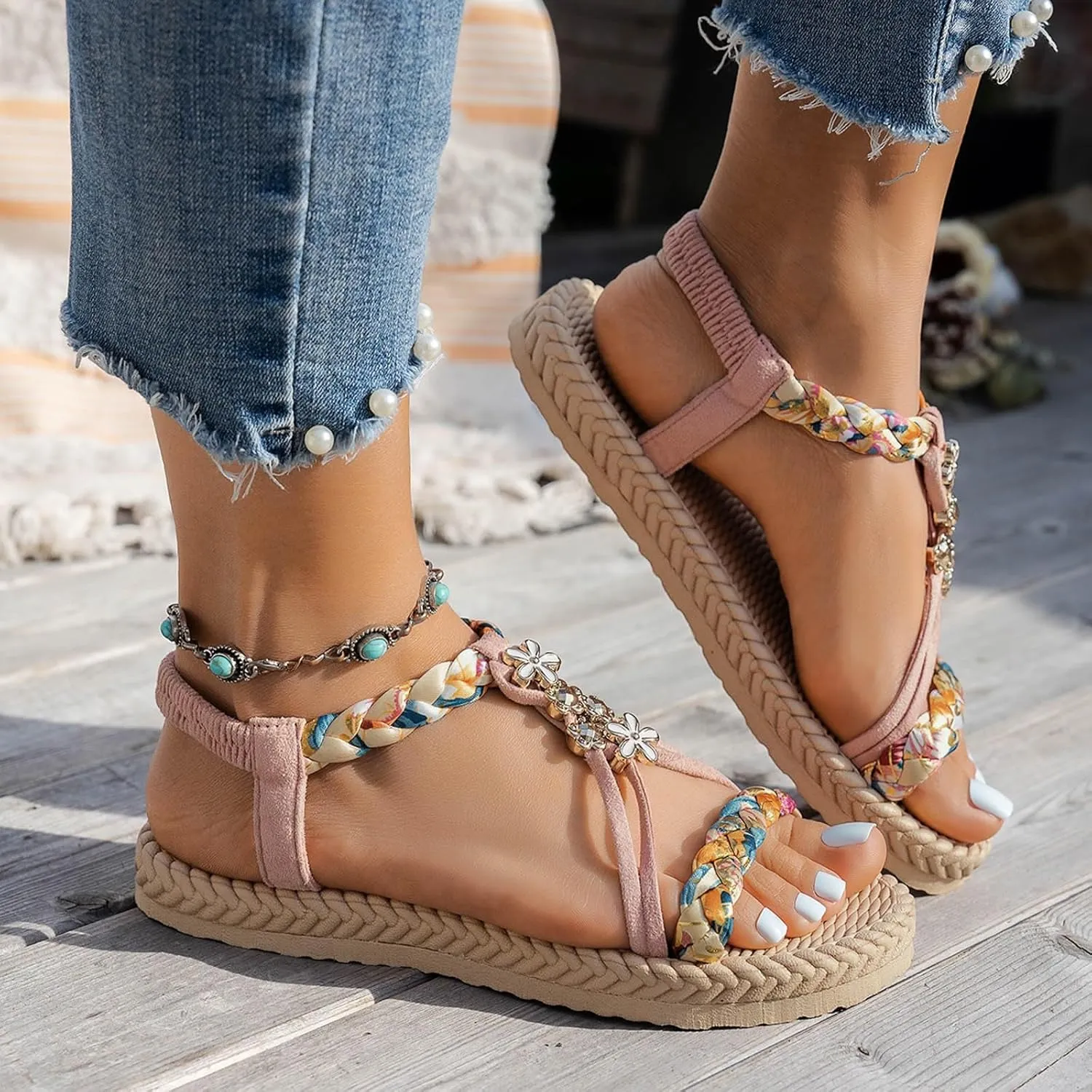Summer Sandals for Women 2025 Trendy Womens Low Wedge Heels Sandal Platform Dressy Comfort Walking Non Slip Casual Beach Shoes Ankle Elastic Bohemian Woven Shoe