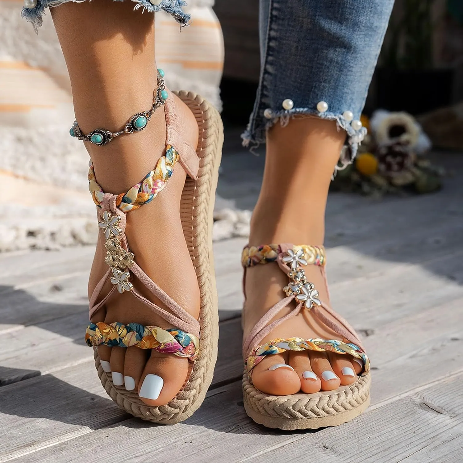 Summer Sandals for Women 2025 Trendy Womens Low Wedge Heels Sandal Platform Dressy Comfort Walking Non Slip Casual Beach Shoes Ankle Elastic Bohemian Woven Shoe