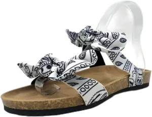 Summer Women's Sandals and Slippers Wooden Soles Non-Slip Bow Printed Flat Slippers Flip-Flops White
