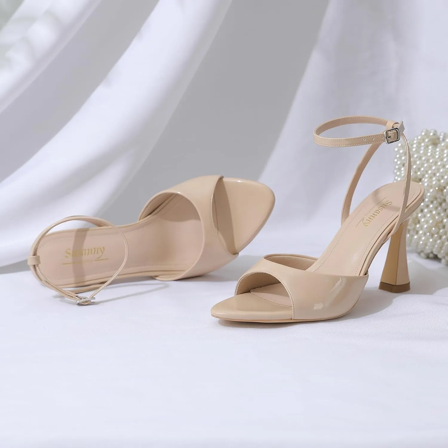 Susanny High Heels for Women Pointed Open Toe Strappy Chunky Block Heels Ankle Strap Stiletto Kitten Heeled Sandals Wedding Bridal Party Prom Sexy Dress Shoes